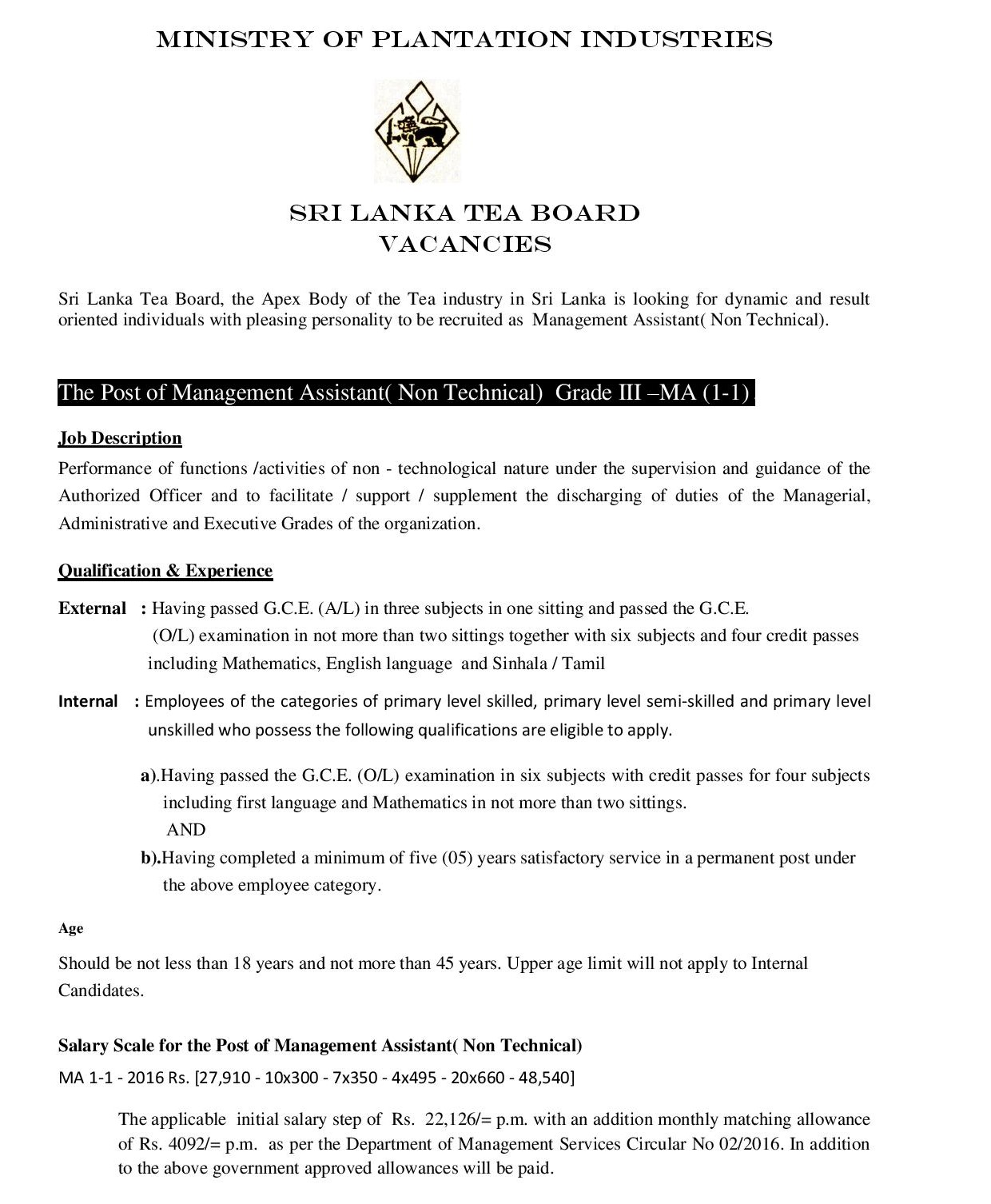 Management Assistant - Sri Lanka Tea Board